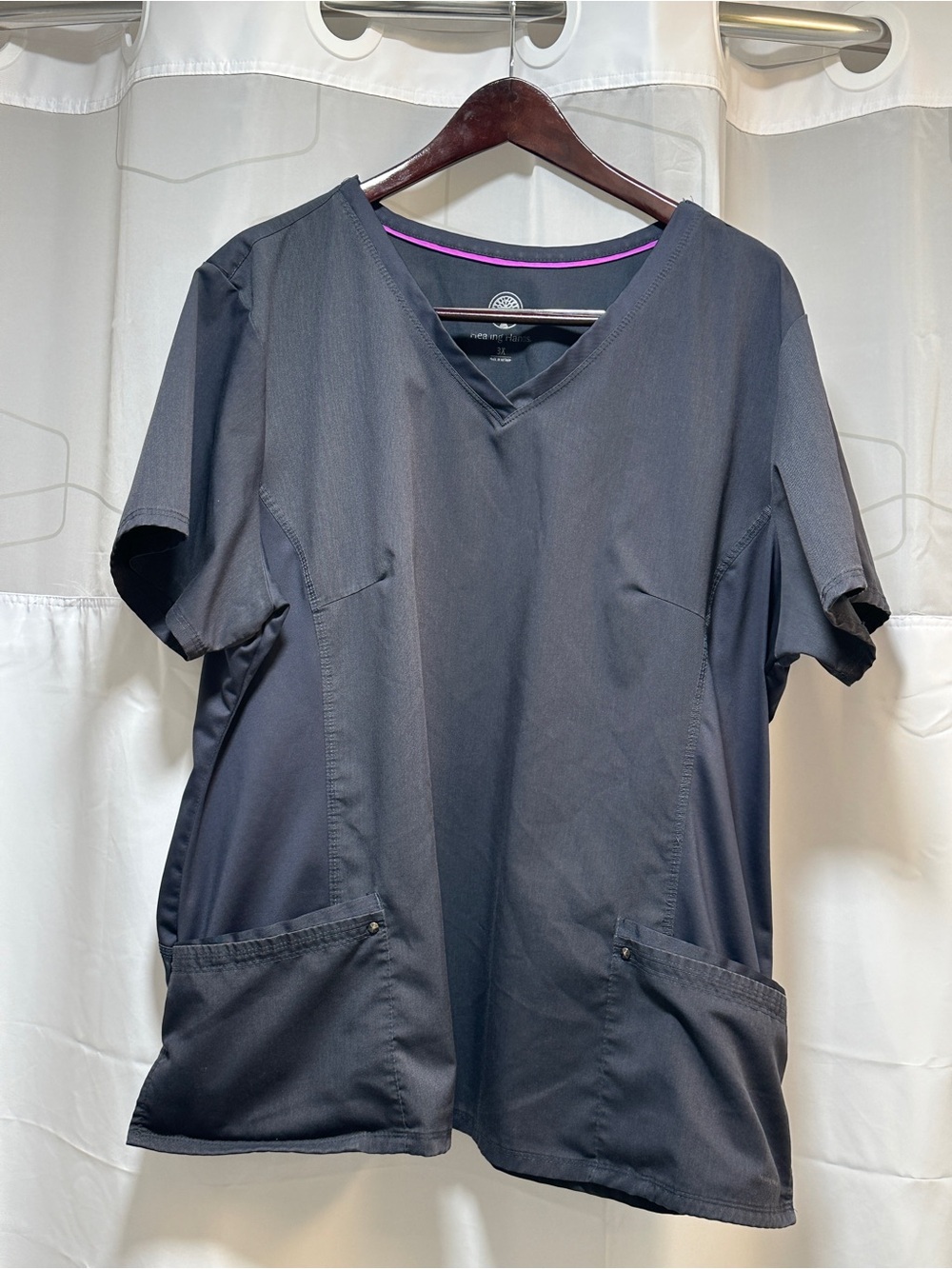 healing hands Black V-Neck Short Sleeve Scrub Top with Pink Trim